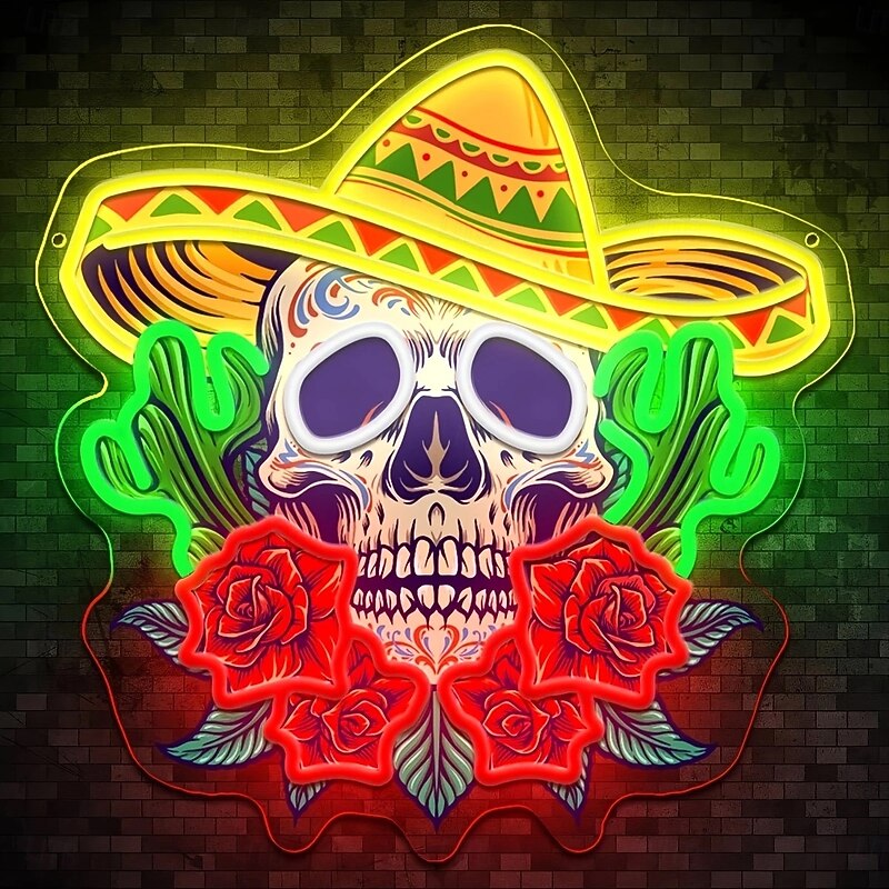 1 Pc 38 * 30CM Halloween Skull UV Neon Decorative Light Indoor Restaurant Party Festive Atmosphere Wall Light Dimmable Rose Skull Light Signage USB Power Supply