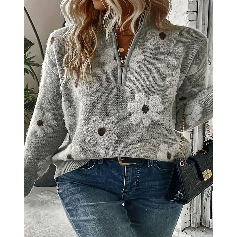 Women's Sweater Pullover Fashion Streetwear Casual Floral Crew Neck Zipper Knitted Print Long Sleeve Regular Tops Knit Daily Holiday Going out Light Grey Fall Winter2
