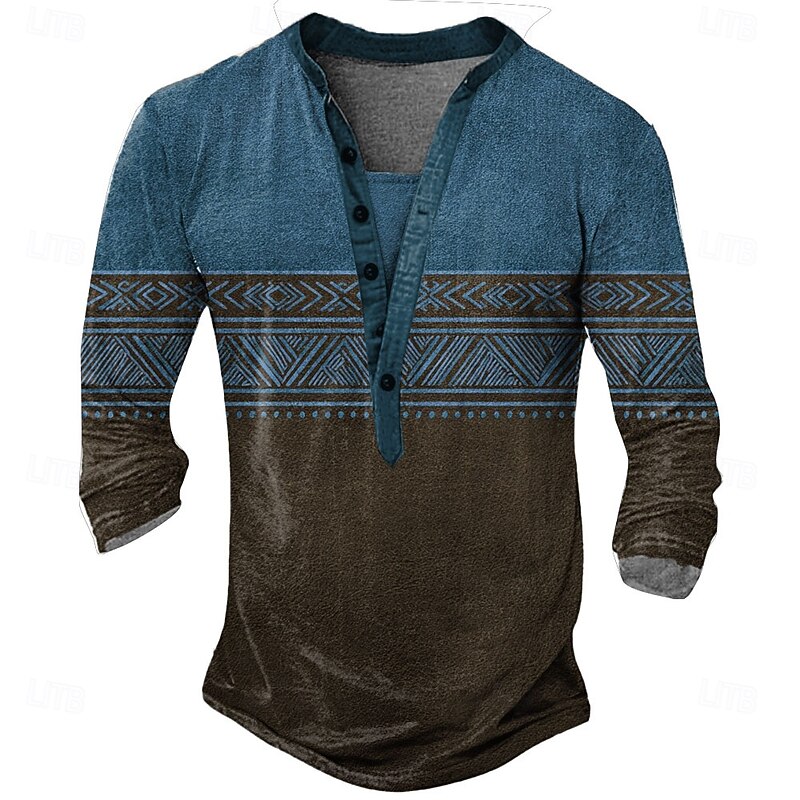 Men's Geometric Ethnic T Shirt Henley Shirt Long Sleeve Designer Retro Vintage Ethnic Street Casual Daily Summer Spring Fall Dark Brown Green Blue khaki Henley Henley T-Shirt2