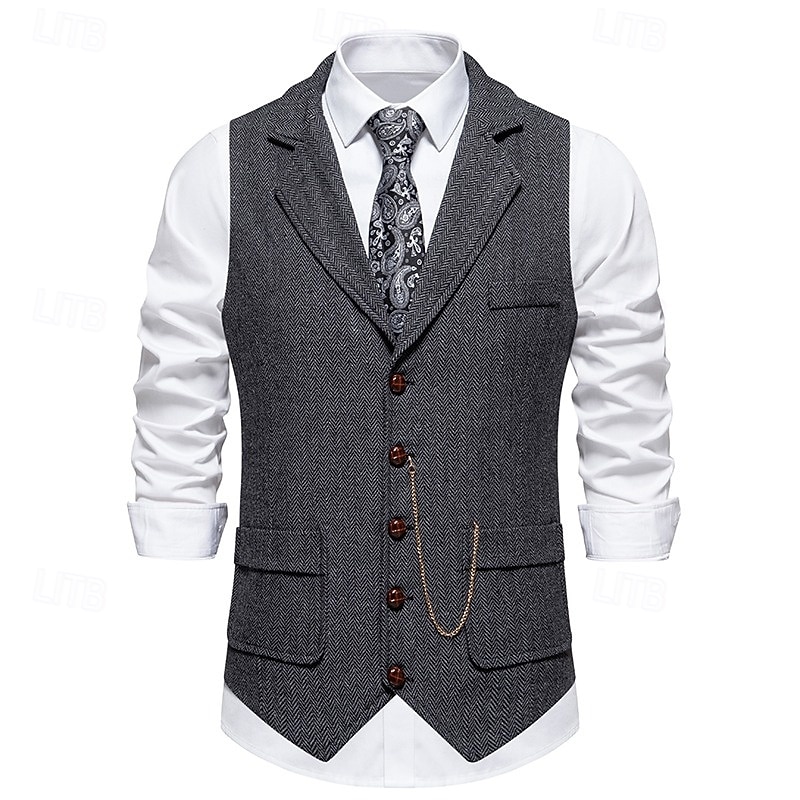 Men's Vest Waistcoat Gilet Vacation Party Business Fashion Casual Spring Fall Pocket Buttons Polyester Comfortable Plain Single Breasted One-button Lapel Regular Fit Navy Blue Coffee Gray Vest3