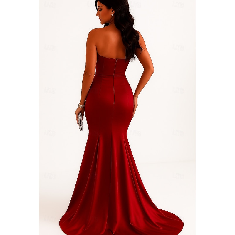 Red Black Mermaid / Trumpet Evening Gown Elegant Dress Formal Wedding Floor Length Sleeveless Strapless Stretch Satin with Ruffles2