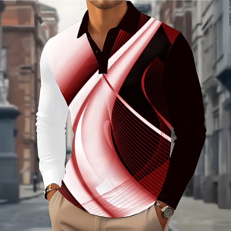 Men's Abstract Geometic Polo Long Sleeve Polo Shirts Lapel Casual Outdoor Street Athleisure Daily Wear 3D Print Buttons Spring Fall Winter White Red Blue3