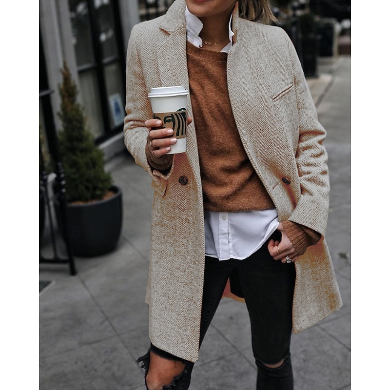 Women's Winter Coat Coat Warm Comfortable Pocket Buttons Casual Plaid Vacation Street Casual Daily Wear Long Turndown Regular Fit Long Sleeve Outerwear Black Apricot Fall Winter