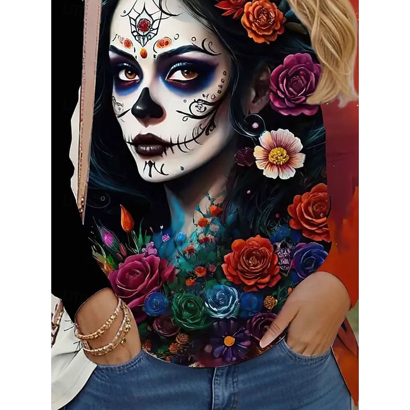 Halloween Women's T Shirt Skulls Graphic Fashion Casual Long Sleeve Crew Neck Round Neck Regular Tops Daily Weekend Print Red Summer Spring Fall3