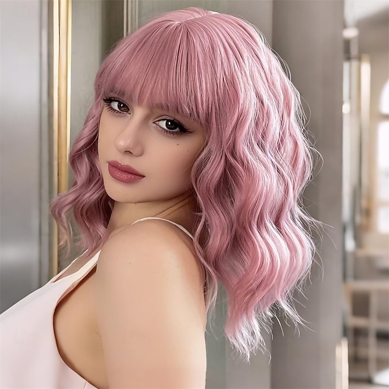 Wavy Wig With Air Bangs Women's Short Bob Purple Pink Wigs Curly Wavy Shoulder Length Pastel Synthetic Bob Wig for White Women Girls Daily Use Colorful Wigs