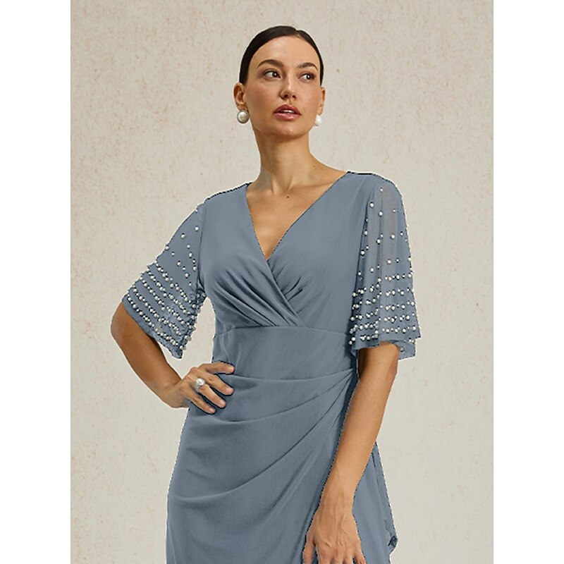 Women's Maxi Dress Sheath Dress Elegant Solid Color Short Sleeve V Neck Dusty Blue Summer Spring Fall3