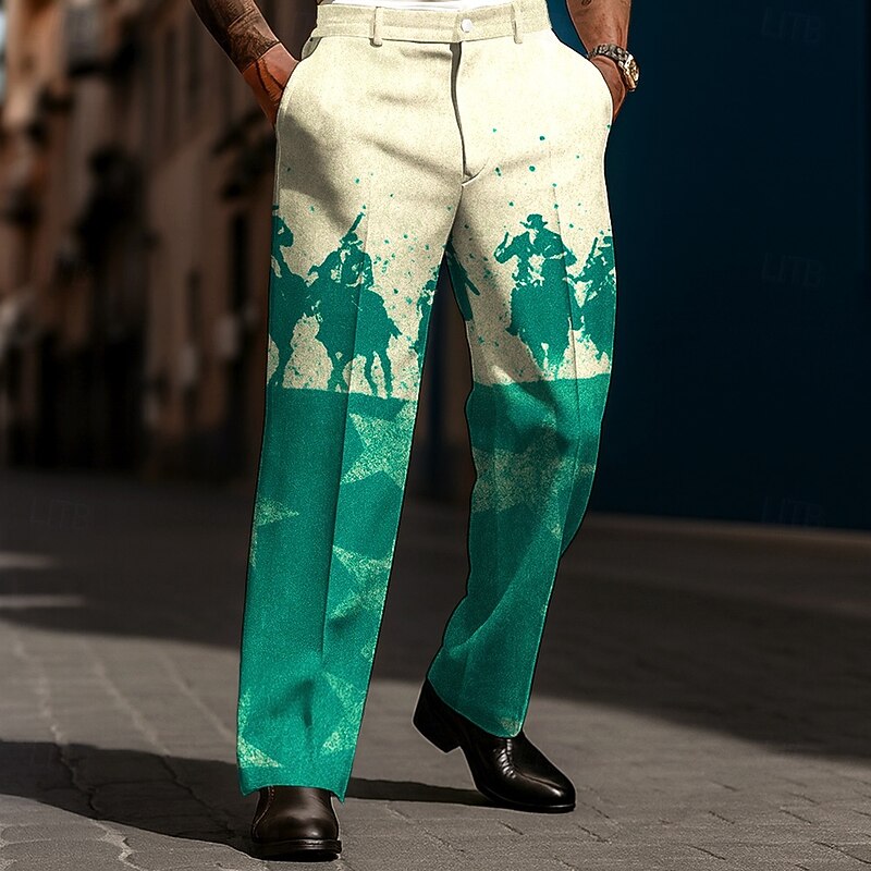 Men's Cowboy Trousers Dress Pants Suit Pants Mid Waist Western Vintage Retro Dailywear Holiday Streetwear Relaxed Fit Flat Front Dress Pants with Side Pockets Spring Fall 3D Print Orange Beige