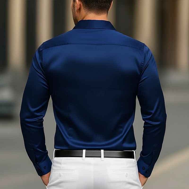 Men's Shirt Satin Shirt Dress Shirt Casual Shirt Button Up Shirt Prom Shirt Plain Formal Wedding Light Blue Black White Navy Blue Long Sleeve V Neck All Seasons Clothing Apparel2