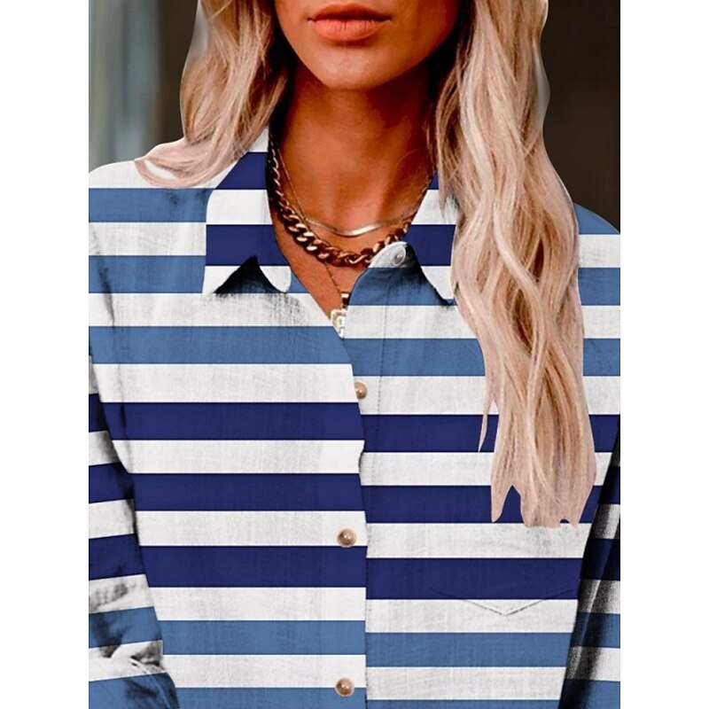 Women's Shirt Striped Active Daily Stylish Long Sleeve Shirt Collar Regular Tops Daily Holiday Buttons Print Blue Summer Spring Fall2