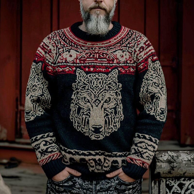Men's Wolf Viking Pullover Sweater Jumper Knitwear Crewneck Retro Vintage Casual Vacation Daily 3D Print Knitting Keep Warm Long Sleeve Spring Fall Winter Lake blue Red Brown