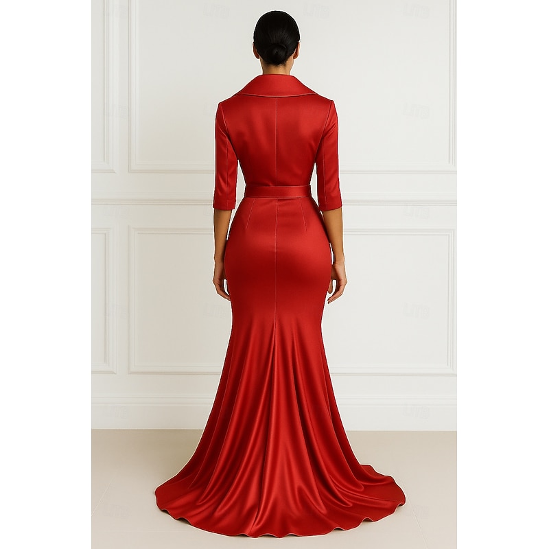 Black Tie Mermaid / Trumpet Evening Gown Elegant Dress Formal Wedding Floor Length Half Sleeve Lapel Belt / Sash Stretch Satin with Pleats2