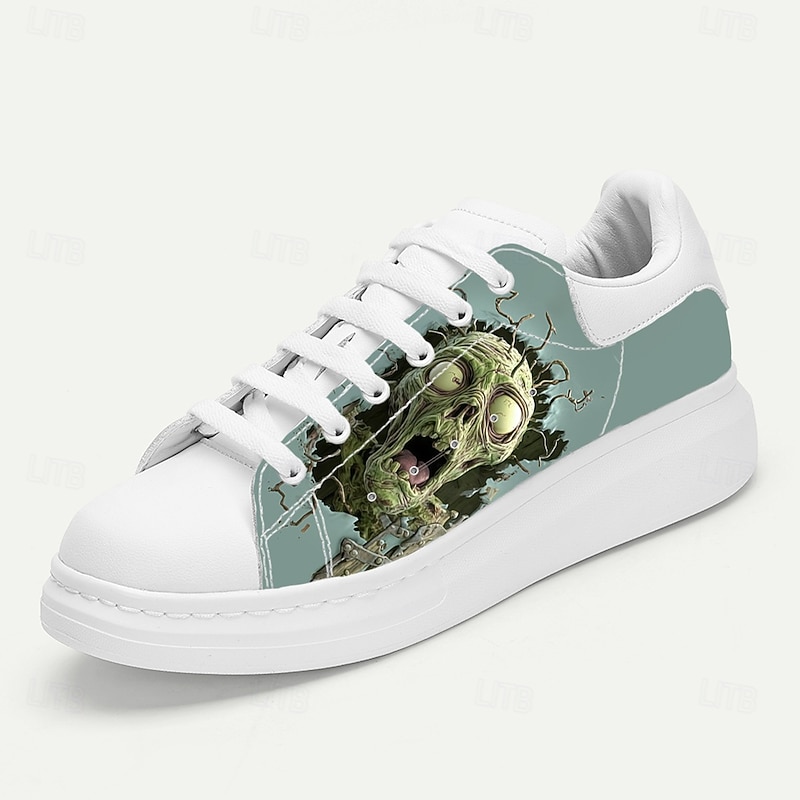 Men's White Skull Print Sneakers Casual Lace-Up Low Top Fashion Shoes for Halloween Parties, Streetwear Outfits and Everyday Walking Comfort3