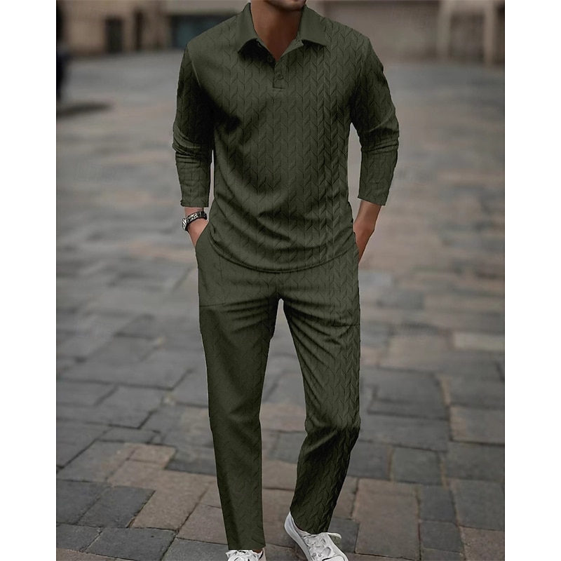 Men's T-shirt Suits Shirt and Pant Sets 2 Pieces Outfits Long Sleeve Lapel Spring Fall Plain Fashion Casual Jacquard 2 Piece Vacation Daily Wear Going out Black White Navy Blue Top Tee for Men4