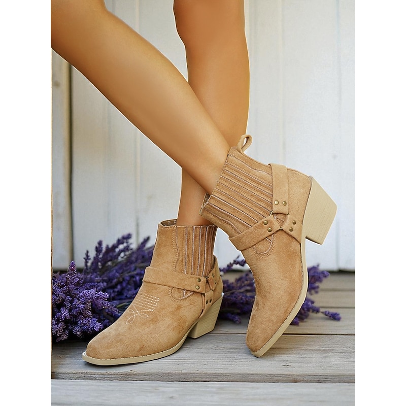 Women's Khaki Faux Suede Ankle Boots with Strap Buckle, Western Style Block Heel Short Boots for Casual Wear3
