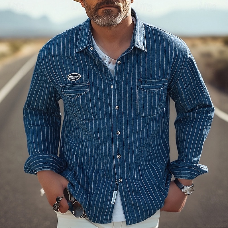 Men's Shirt Summer Shirt Casual Shirt Beach Shirt Button Up Shirt Black Blue Long Sleeve Stripe Lapel Vacation Hawaiian Pocket Clothing Apparel Polyester Fashion Casual Comfortable