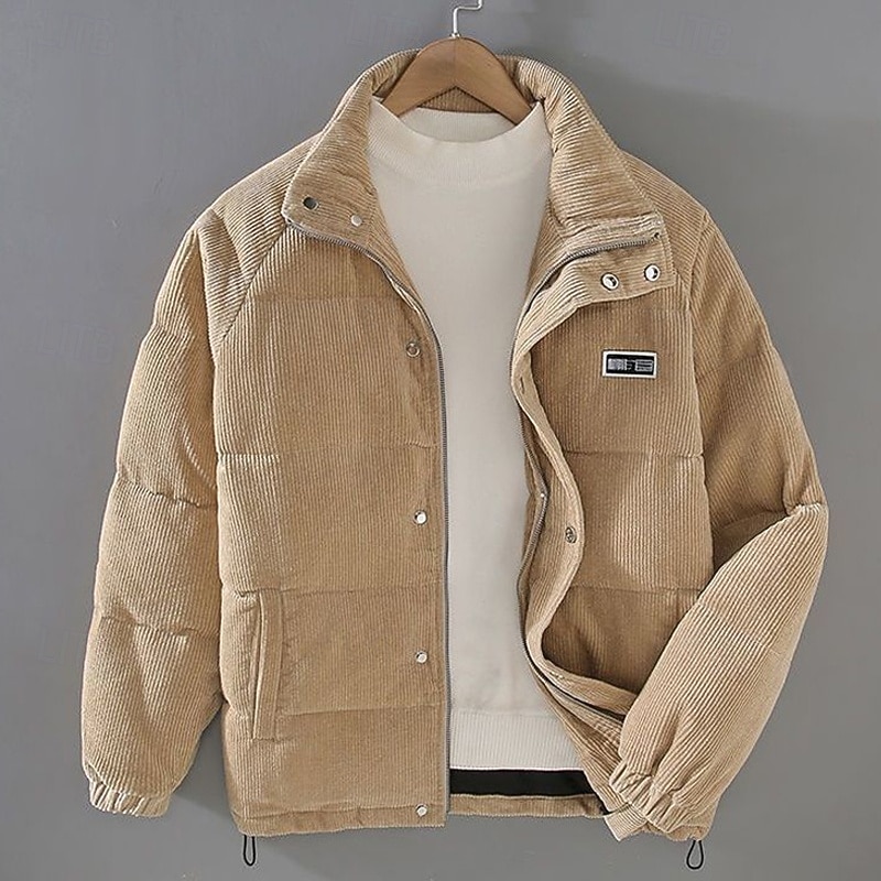 Men's Winter Coat Puffer Jacket Pocket Polyster Vacation Daily Wear Date Regular Fashion Casual Comfortable Thermal Warm Fall Winter Solid / Plain Color Black Khaki Gray Puffer Jacket