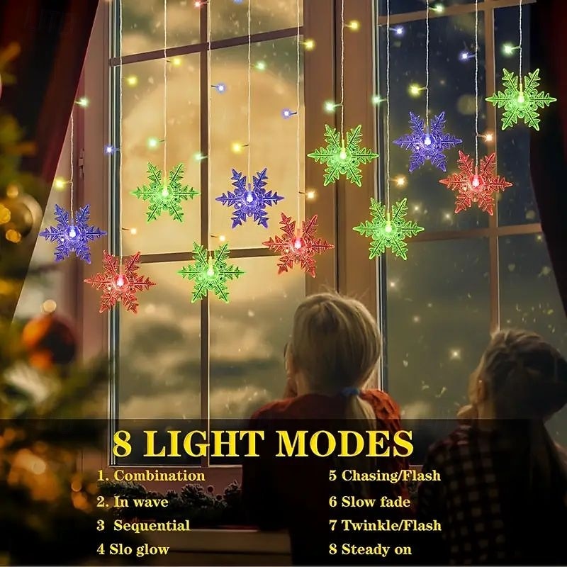 96LED Snowflake Curtain Lights 3.5m 8 Modes Lighting for Christmas Halloween Thanksgiving New Year Valentine's Day Home Balcony Living Room Garden Porch Atmosphere Decoration2