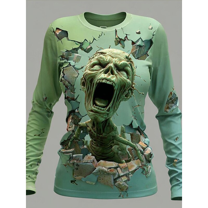 Halloween Women's T Shirt Skulls Graphic Vintage Fashion Stylish Long Sleeve Crew Neck Round Neck Regular Tops Daily Weekend Print Sage Green Light Green Green Summer Spring Fall3