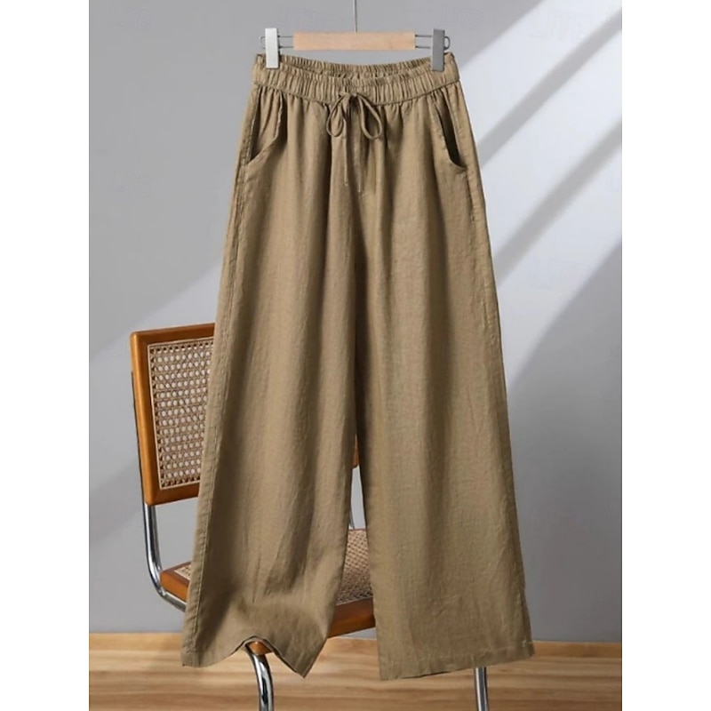 Women's Cotton Linen Pants Wide Leg Chinos Vintage Basic Casual Full Length High Waist Plain Pocket Elastic Waistband Comfy Soft Comfortable Stretchy Outdoor Vacation Street Apricot Black White Khaki2