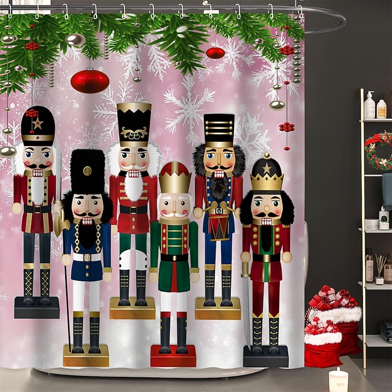 Christmas Shower Curtains Nutcracker Christmas Tree Ornament Balls Christmas Stockings Modern Waterproof Polyester Fabric Bathroom Home Decoration with Hooks Holiday Winter Festive Seasonal Decor2