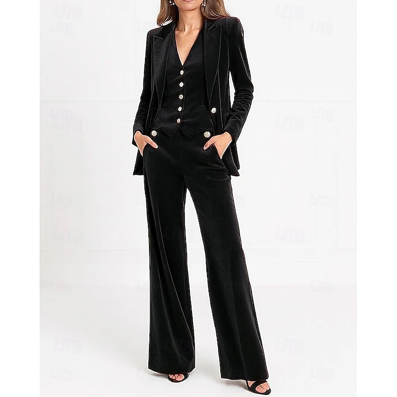 Women's 3 Pieces Velvet Suits Metal Buttons Formal Wedding Guest Formal Evening Elegant Simple Long Sleeve Ankle Length Peak Lapel Single Breasted4