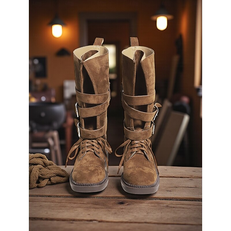 Women's Brown Suede Military Style Ankle Boots with Buckle Straps and Lace-Up Closure for Casual and Outdoor Activities4