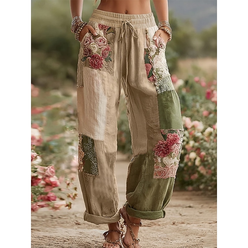 Women's Wide Leg Pants Trousers Fashion Streetwear Full Length Mid Waist Floral Pocket Elastic Waist Print Comfy Breathability Micro-elastic Outdoor Dailywear Daily White Pink Blue Purple Spring Fall3