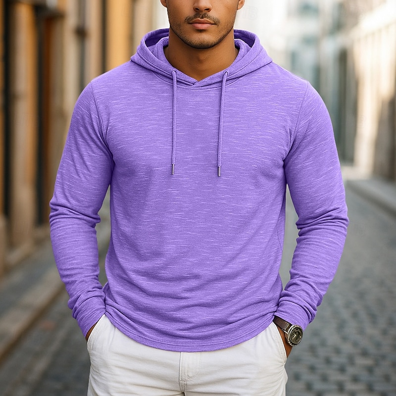 Men's T Shirt Long Sleeve Hooded Spring Fall All Seasons Solid Color Traditional / Vintage Casual Hooded Outdoor Vacation Casual dark brown Green Light Blue Top Tee for Men2