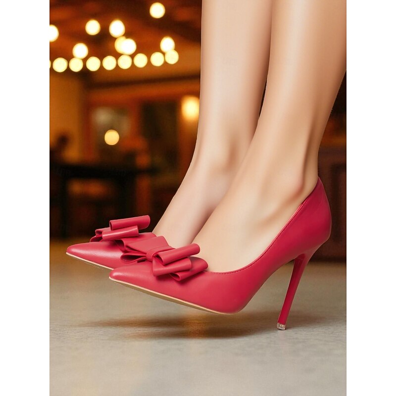Women's Red Bow High Heel Pumps - Elegant Stiletto Shoes for Christmas Party, Nightlife and Holiday Events3