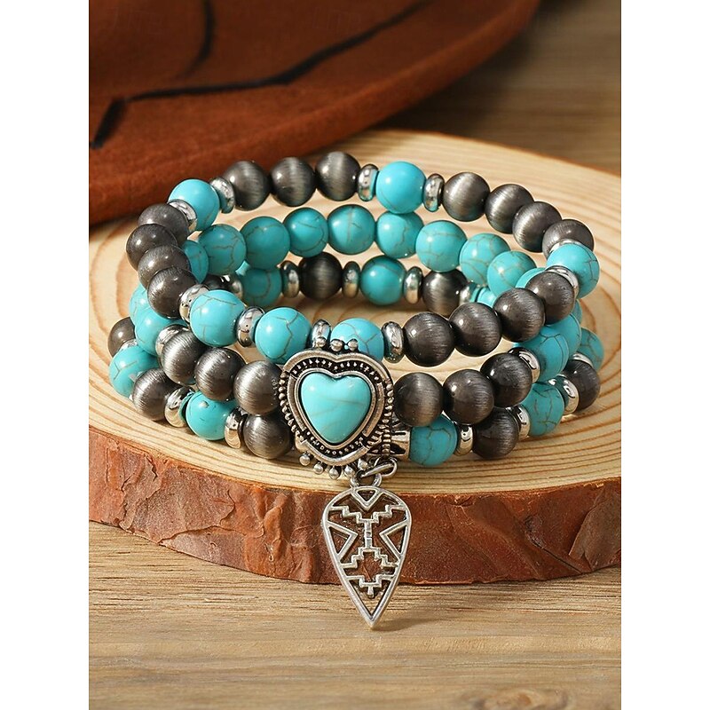 Women's Turquoise Beaded Bracelet Set with Heart Pendant, Bohemian Layered Stretch Wristband Jewelry for Casual Wear, Parties and Gifts2