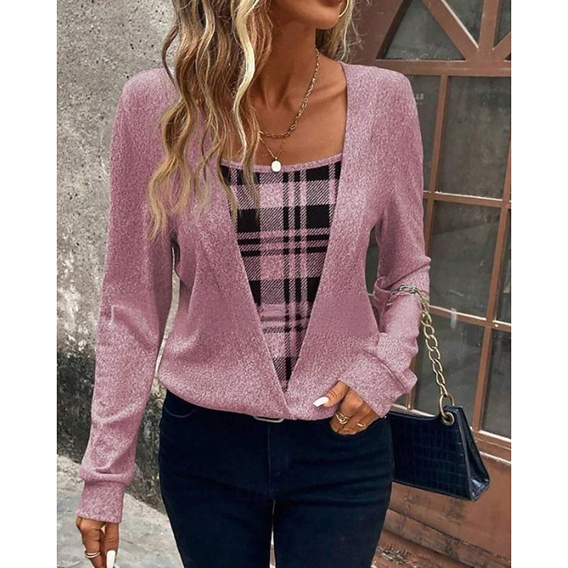 Women's Shirt Blouse Plaid Stylish Basic Casual Long Sleeve Square Neck Regular Tops Daily Holiday Print Pink Spring Fall Winter