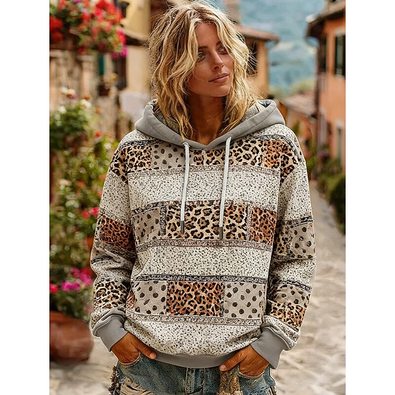Women's Pullover Hoodies Leopard Striped Fashion Streetwear Casual Long Sleeve Hooded Regular Tops Dailywear Casual Drawstring Print Khaki Spring Fall2