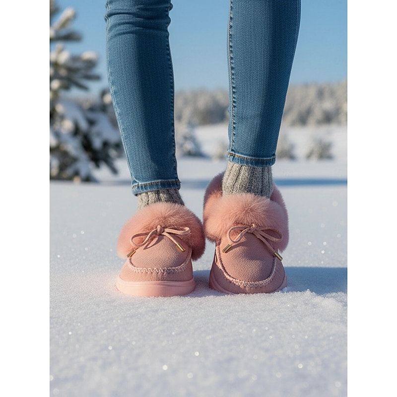 Women's Pink Faux Fur Lined Winter Sneakers with Suede Upper - Cozy Warm Snow Shoes for Casual Outdoor Wear2