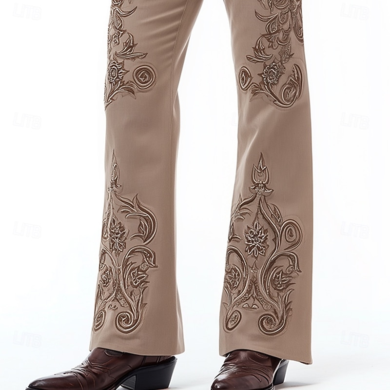 Men's Floral Print Flowers Disco Pants 60s 70s Bell Bottoms Mid Waist Western Vintage Retro Outdoor Vacation Casual Side Pockets Flared Leg Pants Trousers Spring Fall 3D Print Dark Khaki2