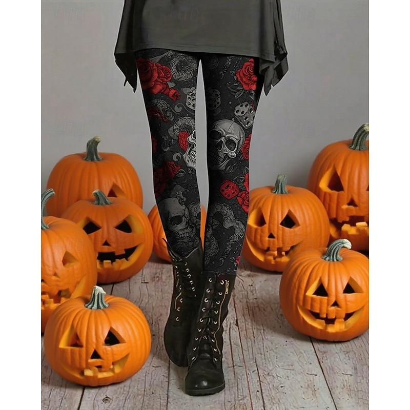 Women's Pants Trousers Leggings Cozy Leggings Streetwear Casual Full Length High WaistPantsHalloween Skull Rose Elastic Waist Print Breathability Comfortable Stretchy Vacation Street Daily Wear Dark