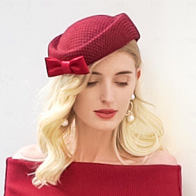 Hats 100% Wool Beret Hat Pillbox Hat Wedding Cocktail Elegant Wedding With Bowknot Headpiece Headwear2
