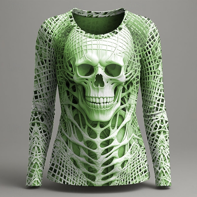 Halloween Women's T Shirt Graphic Skull Fashion Casual Long Sleeve Crew Neck Round Neck Regular Tops Daily Weekend Print Red Blue Green Gray Summer Spring Fall Winter3