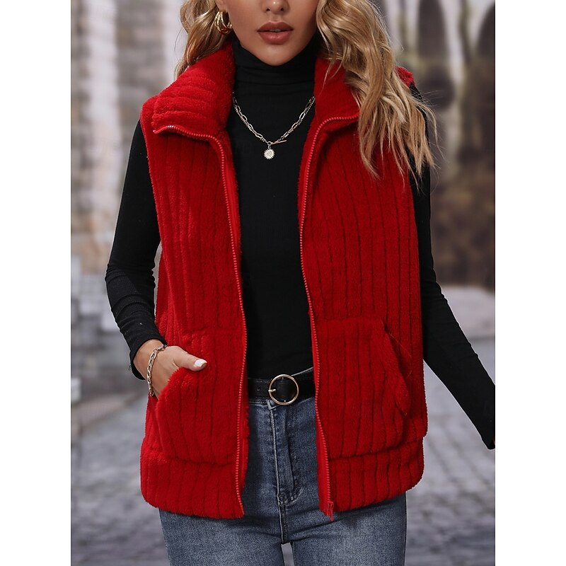 Women's Fleece Vest Comfortable Breathable Zipper Buttons Casual Plain Vacation Street Casual Daily Wear Zipper Regular Stand Collar Regular Fit Sleeveless Outerwear Black Red Apricot Spring Fall