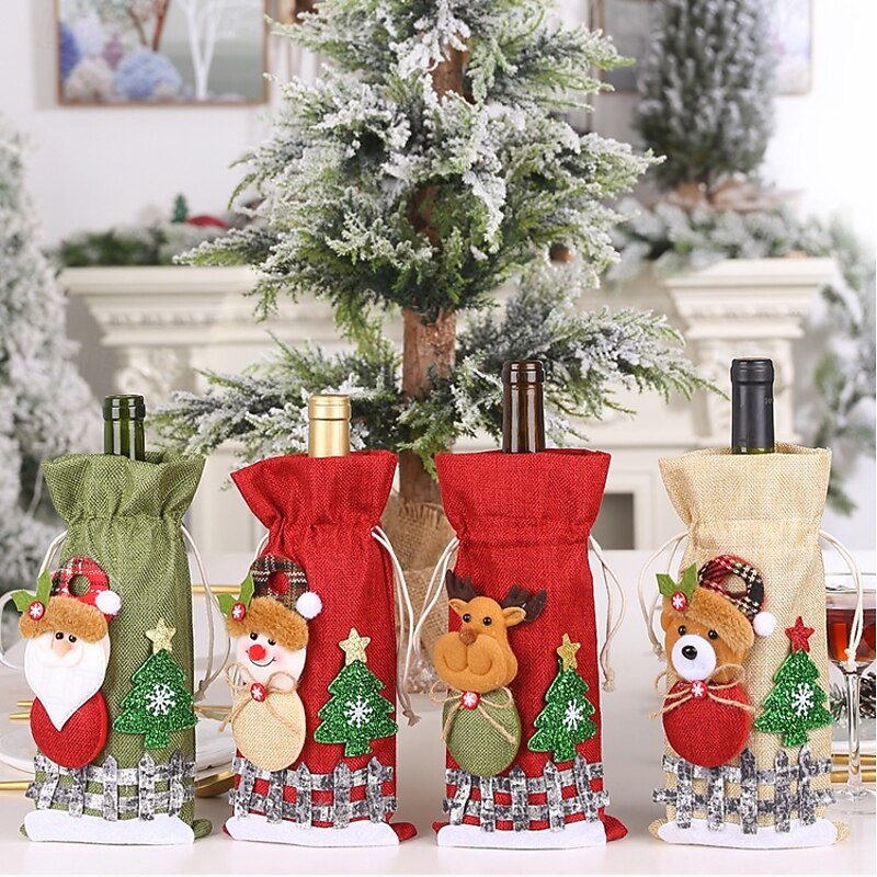 4 Pack Burlap Christmas Wine Bottle Cover Bags with Drawstring Snowy Cartoon Doll Design, Plaid Holiday Gift Wrap Cover for Wine, Champagne, Party Decorations4
