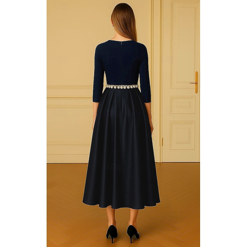 A-Line Mother of the Bride Cocktail Dresses Elegant Formal Dress Formal Wedding Tea Length 3/4 Length Sleeve V Neck Stretch Crepe Satin with Pearls 20252