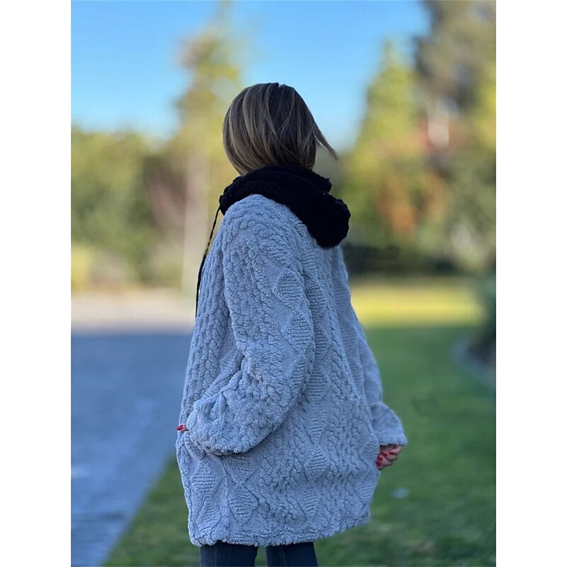 Women's Sherpa Jacket Teddy Coat Comfortable Breathable Zipper Pocket Buttons Casual Plain Vacation Street Casual Daily Wear Zipper Regular Hooded Regular Fit Long Sleeve Outerwear Black Wine Camel4