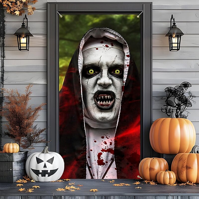 Halloween Tapestry Door Cover Outdoor Banners Nun 3D Dark Punk Gothic Style Party Dorm Teens Room College Dorm Guys Man Cave Frat Bedroom Shooting Backgrounds Home Decor2