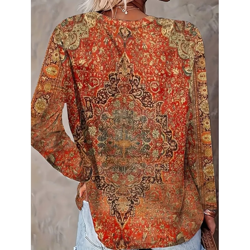 Women's T Shirt Floral Graphic Geometric Bohemia Vintage Stylish Long Sleeve Crew Neck Regular Tops Daily Weekend Vacation Wear Print Blue Orange Green Spring Fall Winter4