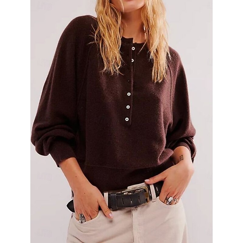 Women's Blouse Solid Color Stylish Casual Long Sleeve Crew Neck Regular Tops Daily Buttons Red Brown Gray Spring Fall Winter3