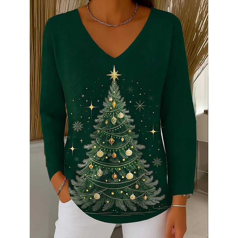 Women's Sweater Pullover Fashion Streetwear Casual Graphic Christmas Tree V Neck Oversized Knitted Long Sleeve Regular Tops Knit Outdoor Daily Green Spring Fall