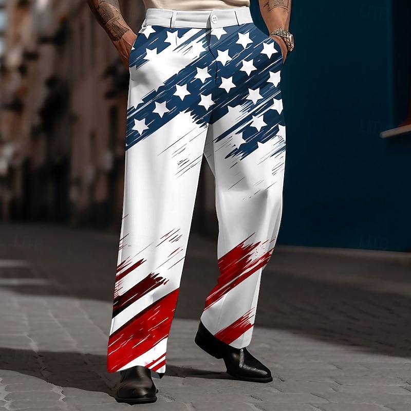 Men's American US Flag Patriotic Dress Pants Trousers Suit Pants Mid Waist Casual Outdoor Holiday Relaxed Fit Flat Front Dress Pants with Side Pockets Spring Fall 3D Print White 1 White White 2