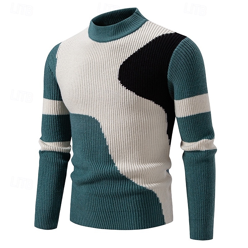 Men's Sweater Pullover Sweater Jumper Ribbed Knit Regular Tops Patchwork Color Block Color Block High Neck Knitwear Contemporary Casual Daily Wear Clothing Apparel Fall Black Green M L XL3
