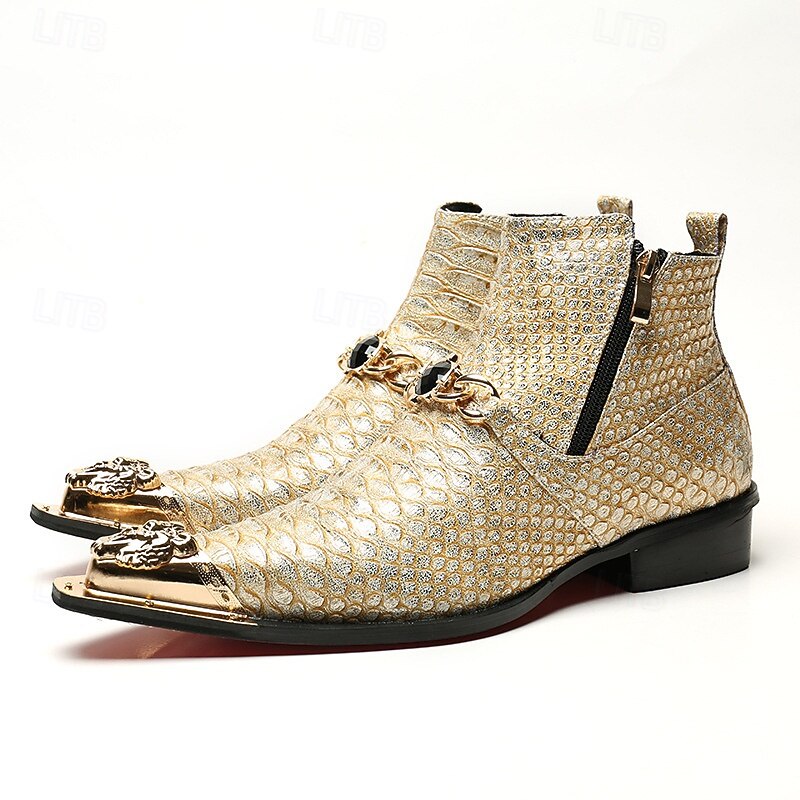 Men's Gold Geometric Western Boots with Studded Accents – Unique Footwear for Trendy Occasions, Fashion Events and Special Celebrations2