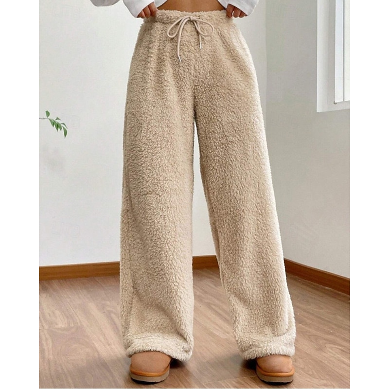 Women's Culottes Wide Leg Chinos Casual Full Length Mid Waist Plain Elastic Drawstring Design Thermal Warm Stretchy Outdoor Vacation Street Camel Apricot Grey Black Winter Loose Fit