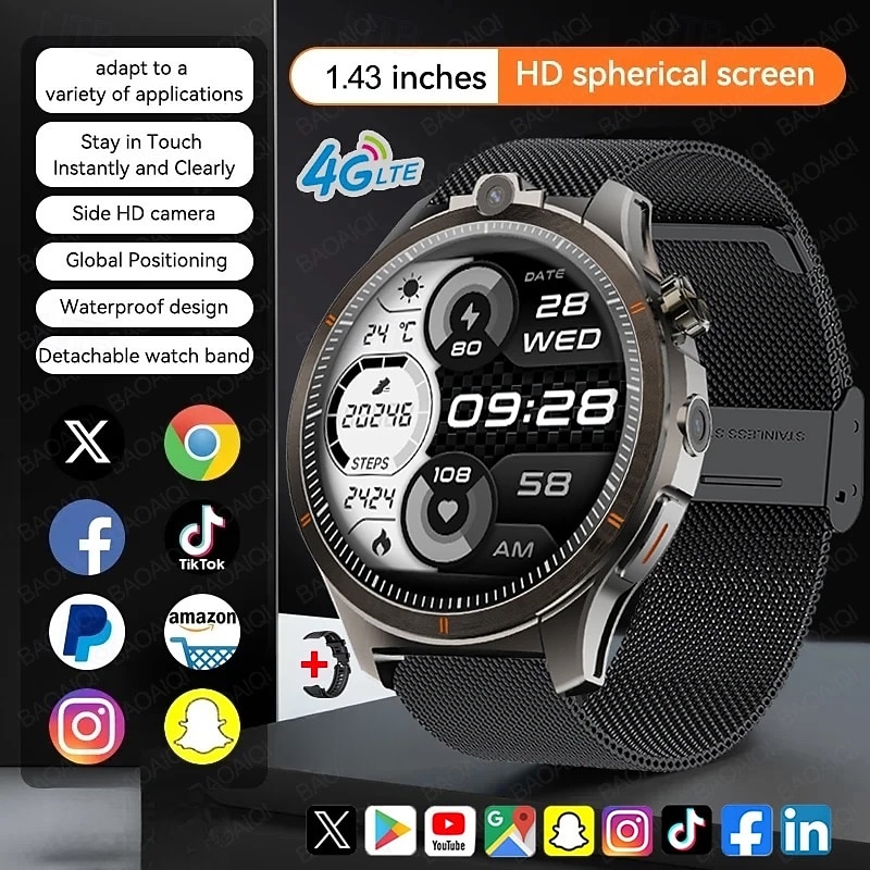 LW9 Smart Watch 1.43 inch Smartwatch Fitness Running Watch Bluetooth 4G Temperature Monitoring Pedometer Call Reminder Compatible with Android iOS Men GPS Long Standby Hands-Free Calls IP68 22mm4